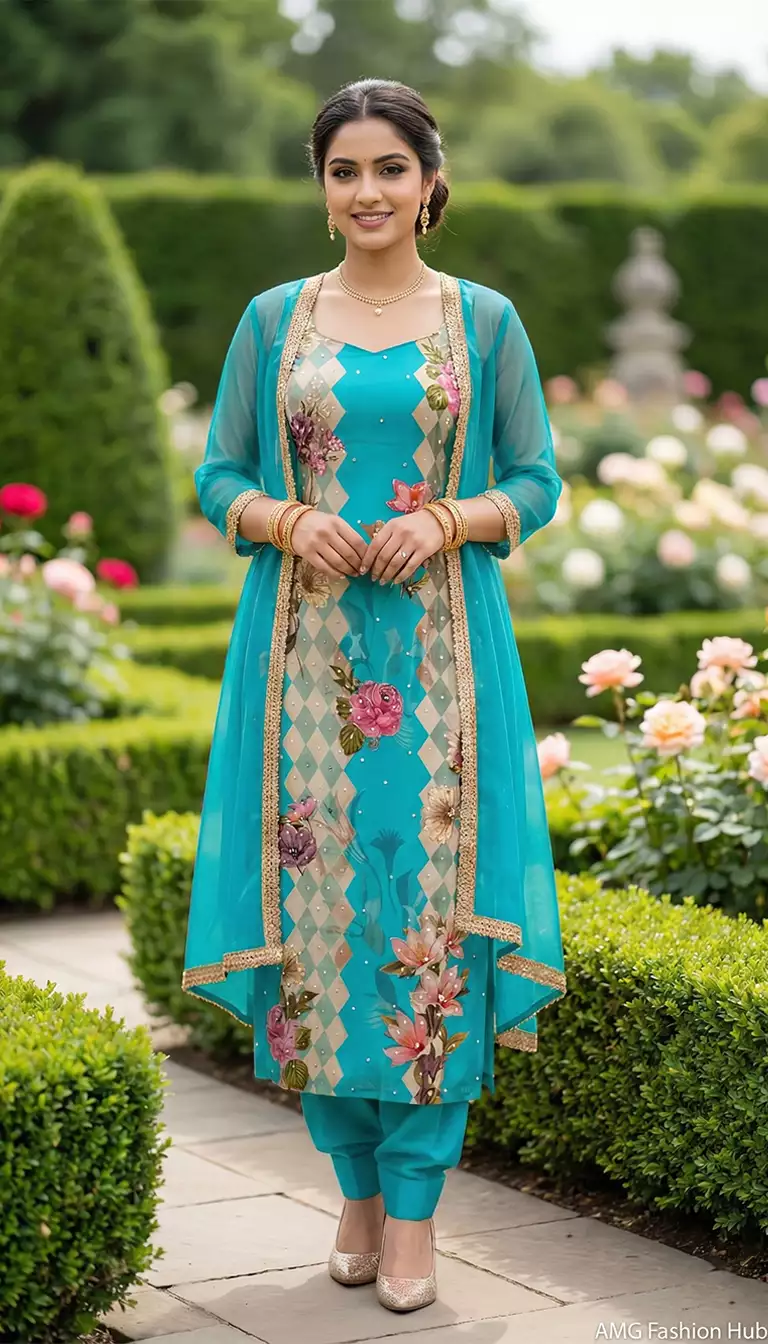Aqua Blue Georgette Printed Jacket Suit (4 Colors)