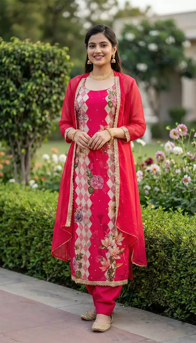 Aqua Blue Georgette Printed Jacket Suit (4 Colors)