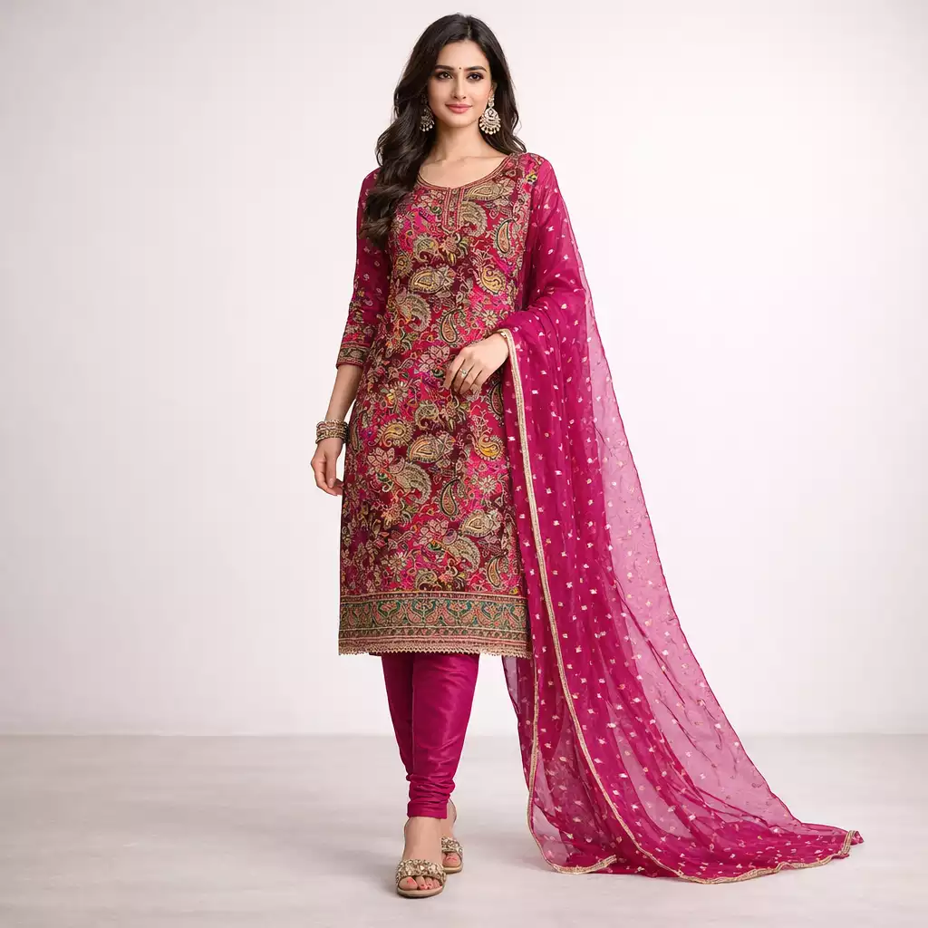 Magenta Embroidered Punjabi Suit with Floral & Paisley Design