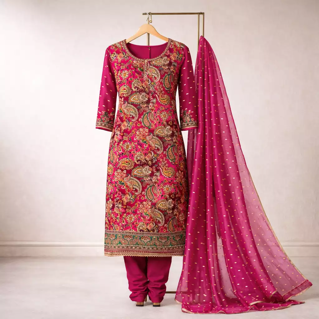 Magenta Embroidered Punjabi Suit with Floral & Paisley Design
