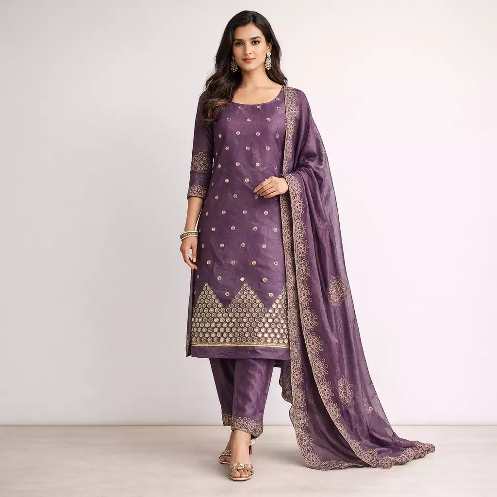 Purple Embroidered Punjabi Suit Set with Dupatta