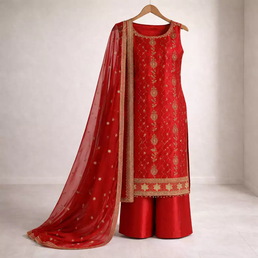 Red Embroidered Punjabi Suit Set with Dupatta
