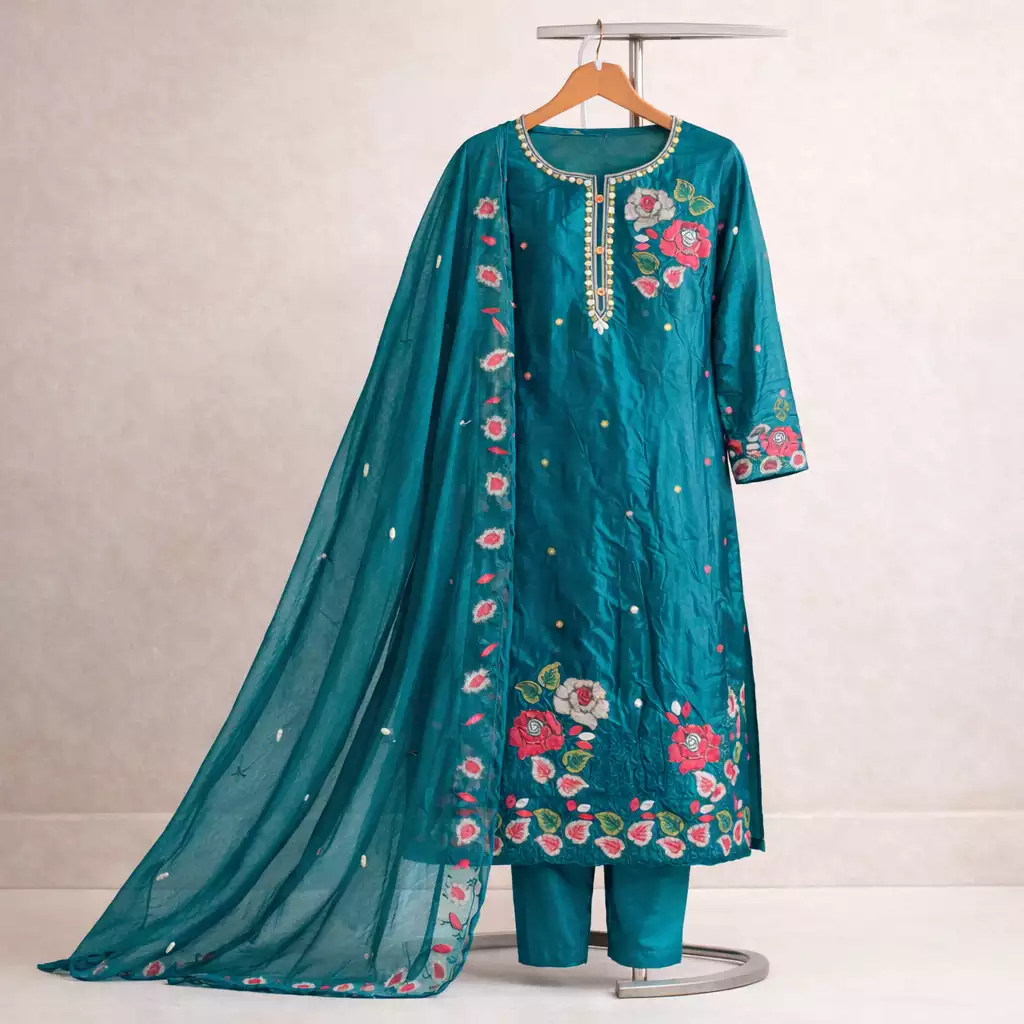 Teal Embroidered Punjabi Suit Set with Sheer Dupatta