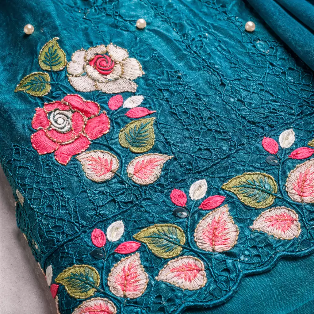 Teal Embroidered Punjabi Suit Set with Sheer Dupatta